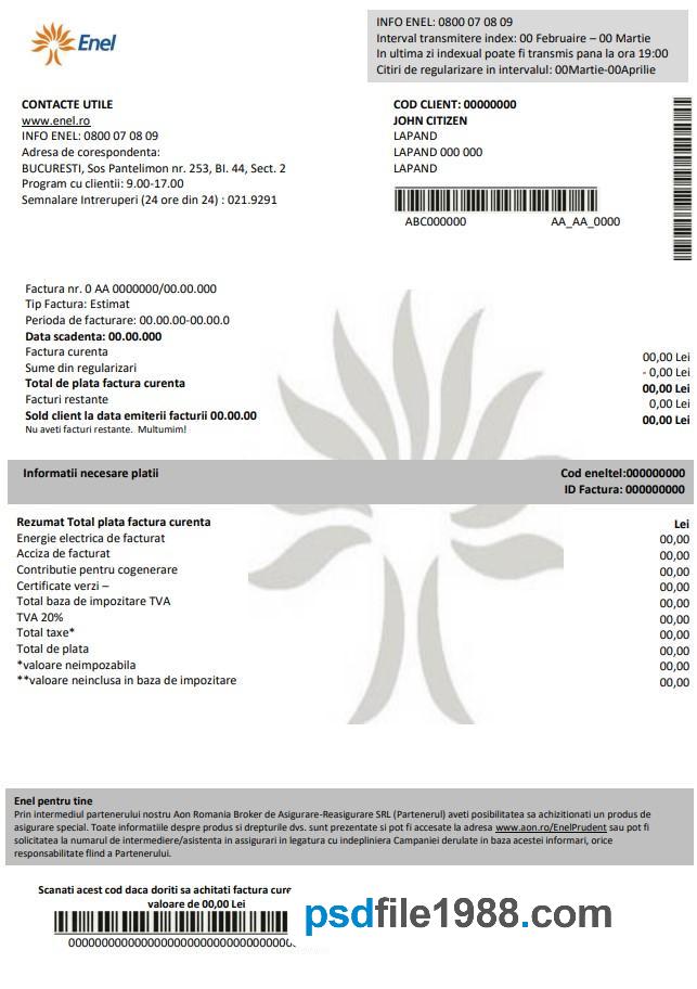 Romania Enel Electricity Proof of Address Utility Bill